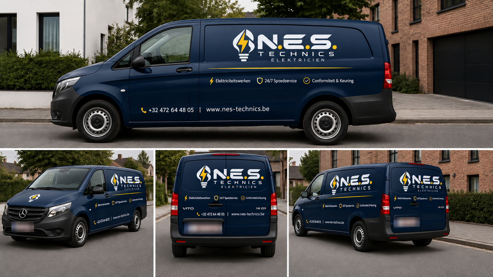 Branded bestelwagens van N.E.S. Technics op locatie