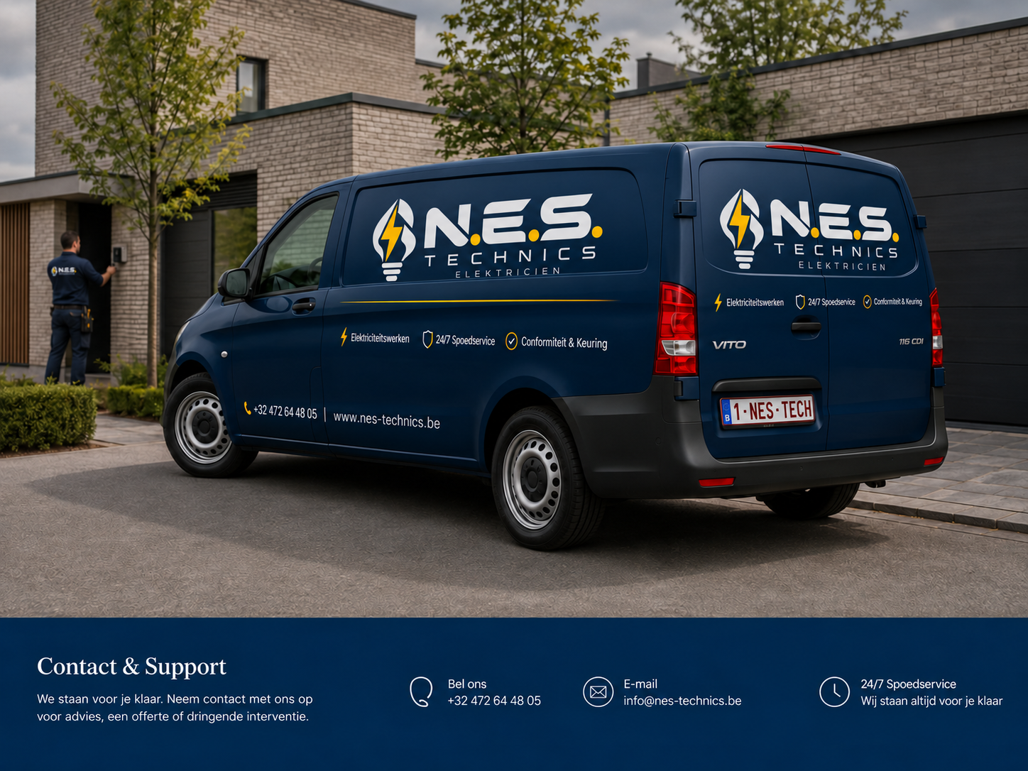 Branded bestelwagen van N.E.S. Technics voor een woning